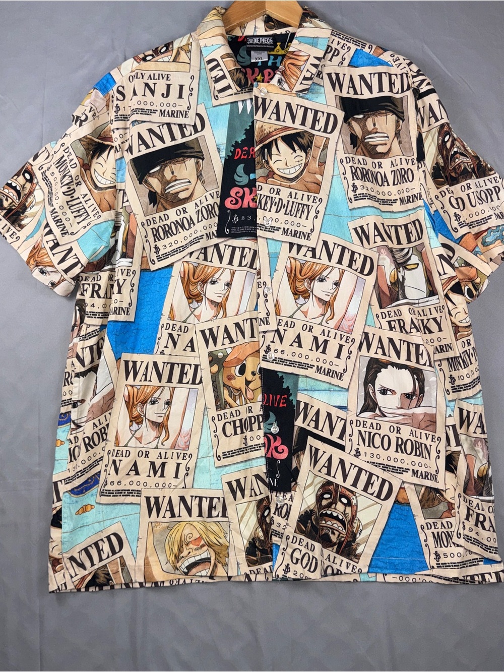 One Piece Shirt Mens 2XL Wanted Poster Print Short Sleeve Button Up Casual